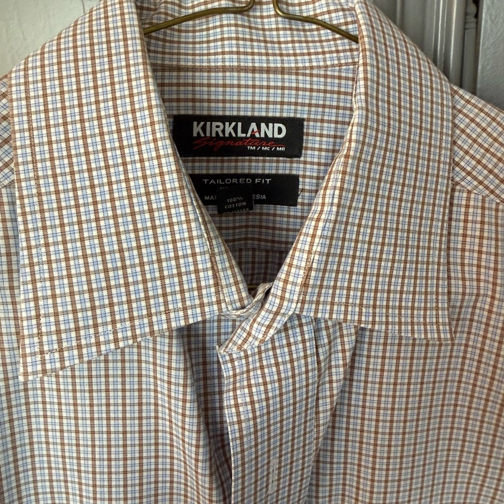 Kirkland Signature Men's Casual Plaid Shirt - Tan and White